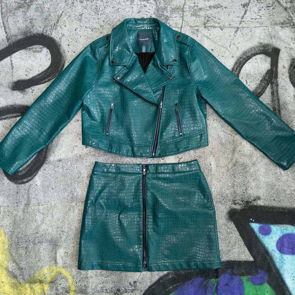 Modcloth Crocodile Rock Moto‎ Jacket & Mini Skirt, Faux Leather, Teal - Picture 2 of 8